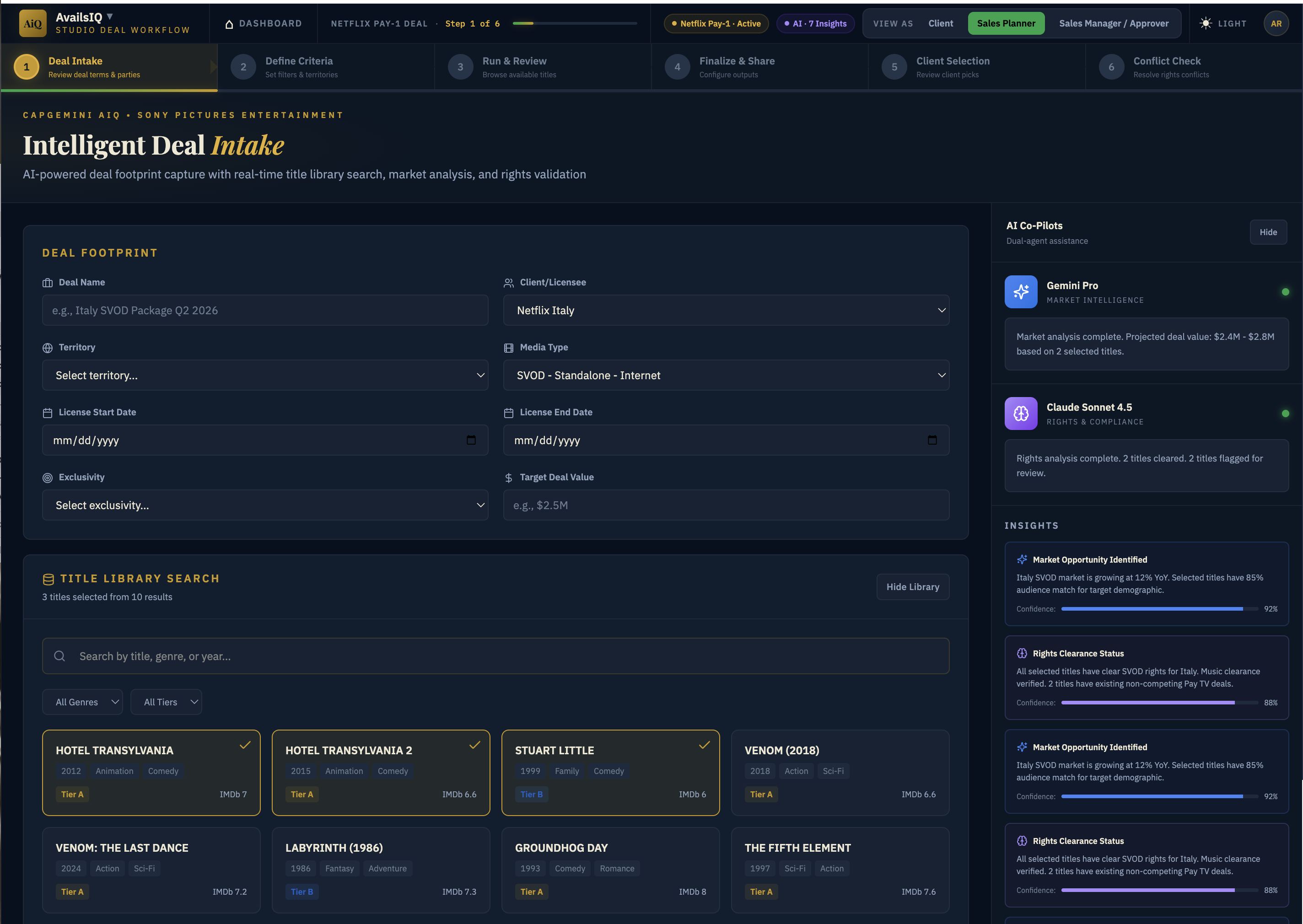 Sony AvailsIQ deal intake and rights workflow screenshot.