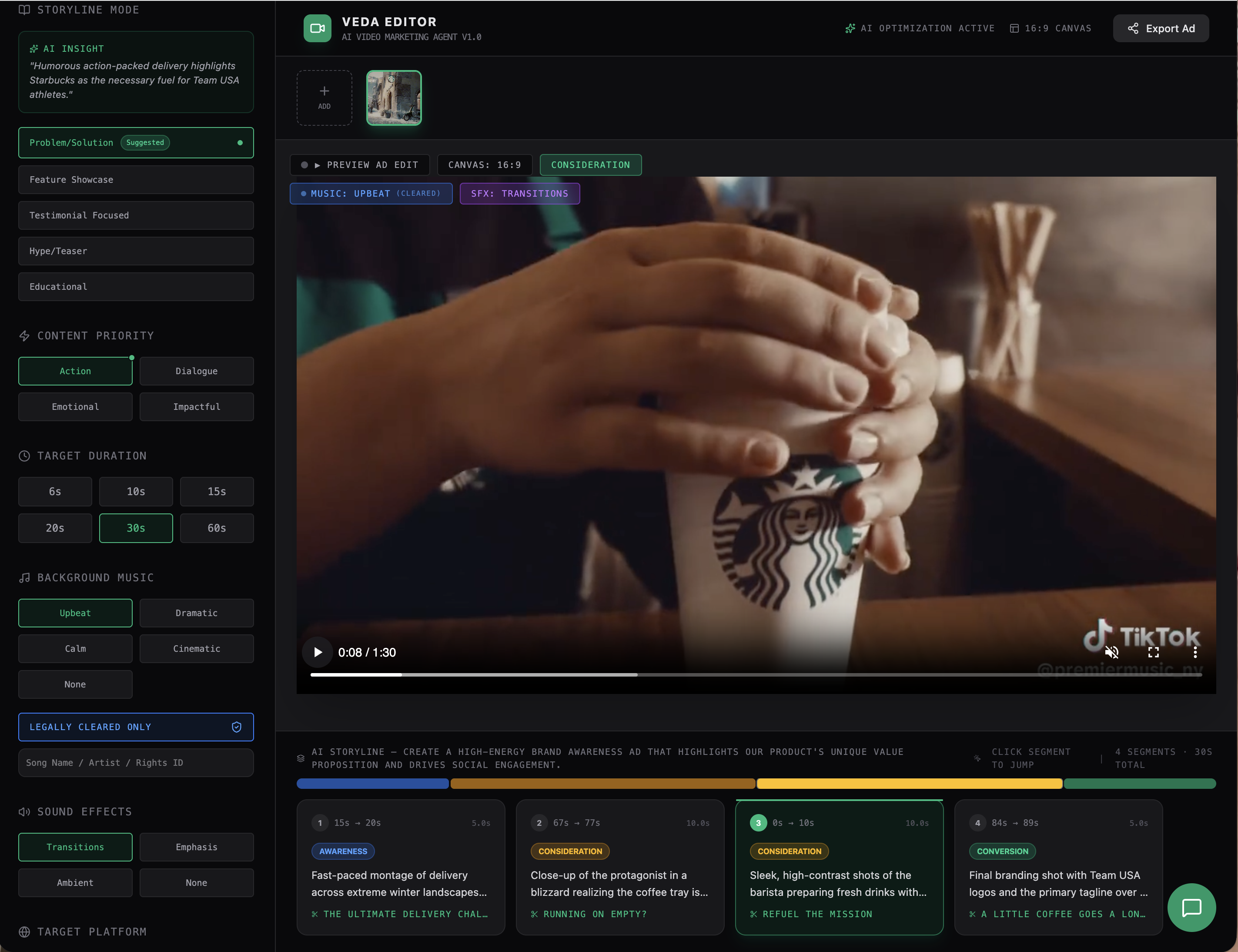 VEDA GenAI video automation tool screenshot.